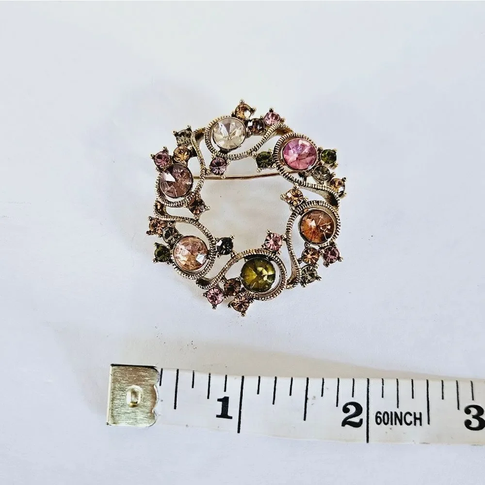 Vintage Signed Monet Openwork Pink Green Rhinestone Circular Wreath Brooch Pin